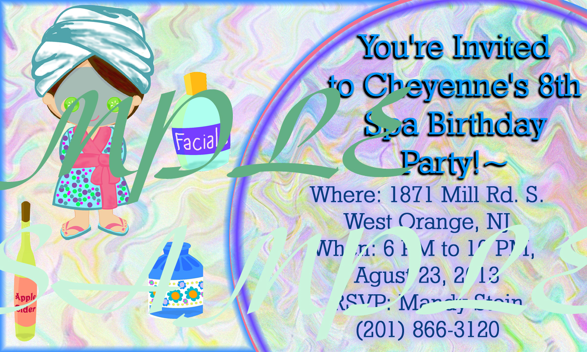 Girls Spa Party Invitation - Girl With Cukes on Eyes With Robe on a Swirling Color Background Girls Spa Party Invitation - Girl With Cukes on Eyes With Robe on a Swirling Color Background