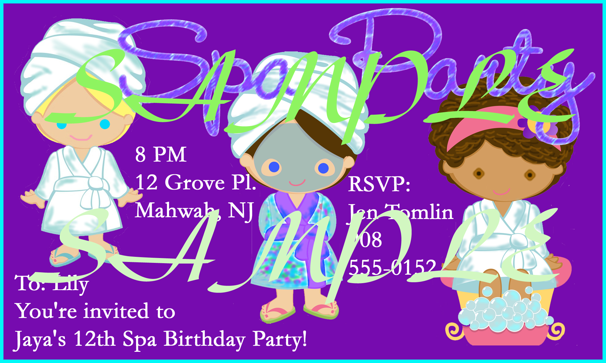 Girls Spa Party  Invitation With Cartoonish Purple Background, 3 Girls, and Grape Taffy TypeFace