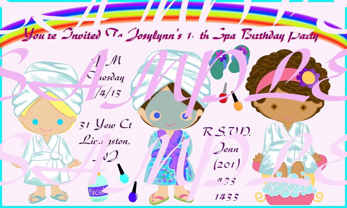 Kids Spa Party Invitation Cartoon Rainbow And Three Girls