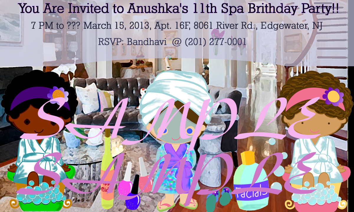 Kids Spa Party Invitation Cartoon Three Girls With Illustration of Nice Home in Background