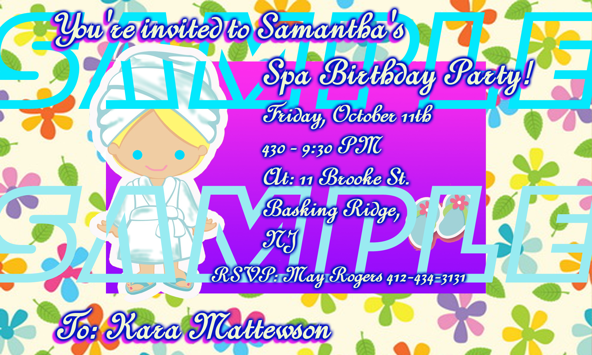 Girls Spa Party Invitation - Cartoonish Blonde Girl In Spa Robe, Purple Background, Leaves and Flowers Border Girls Spa Party Invitation - Cartoonish Blonde Girl In Spa Robe, Purple Background, Leaves and Flowers Border