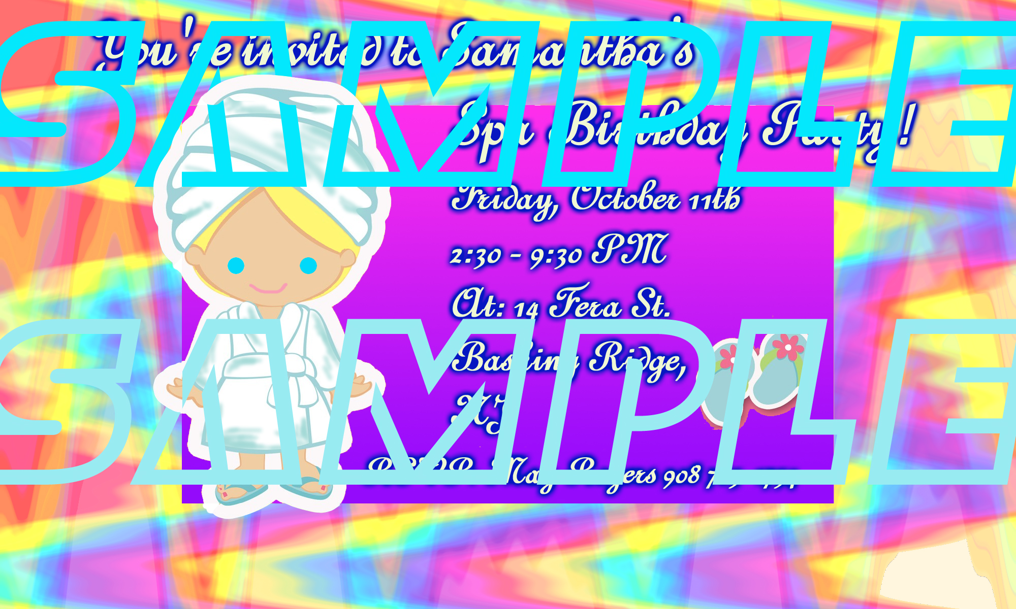 Girls Spa Party Invitation - Cartoonish Blonde Girl In Spa Robe, Purple Background, Rainbow Gas Fume Border Girls Spa Party Invitation - Cartoonish Blonde Girl In Spa Robe, Purple Background, Rainbow Gas Fume Border