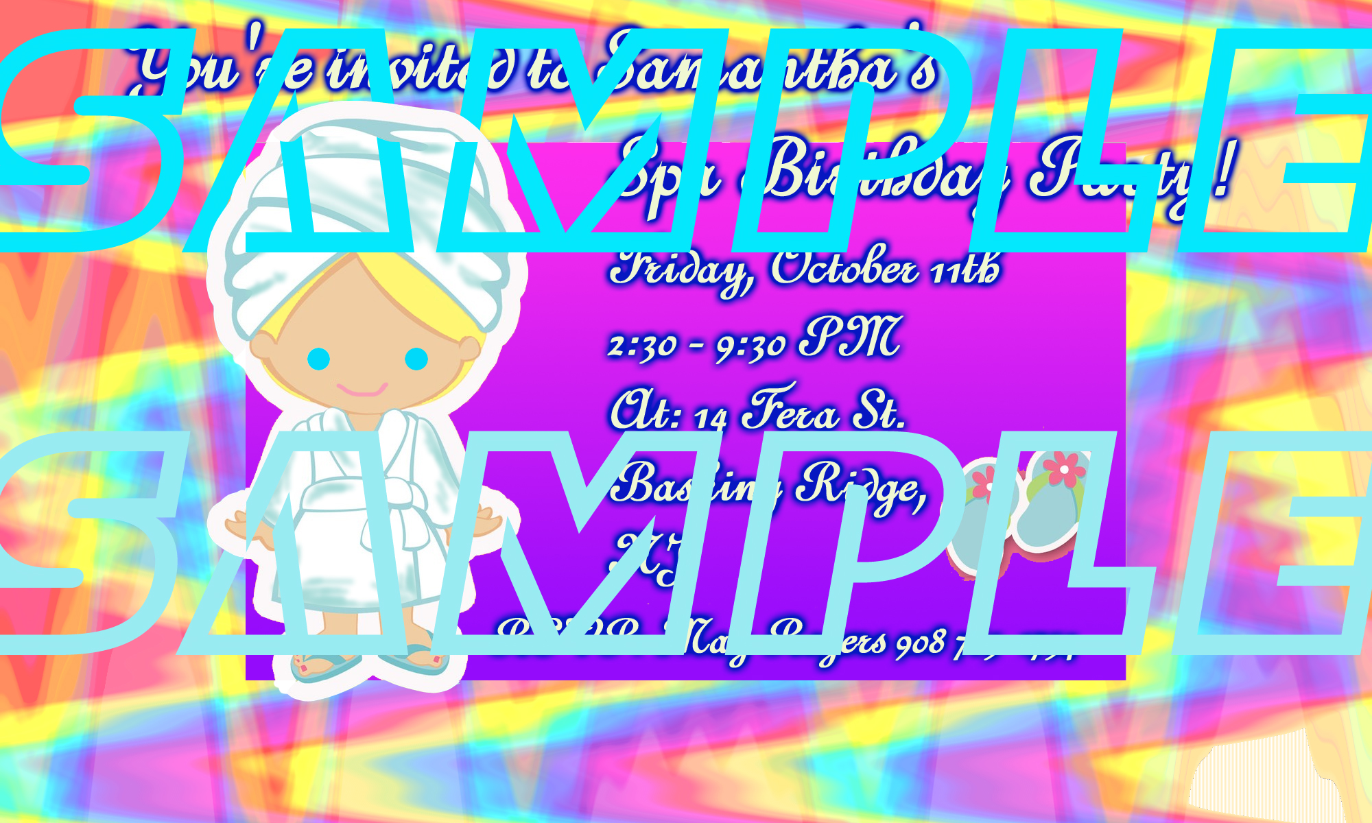 Girls Spa Party Invitation - Cartoonish Blonde Girl In Spa Robe, Purple Background,   Rainbow Gas Fume Border