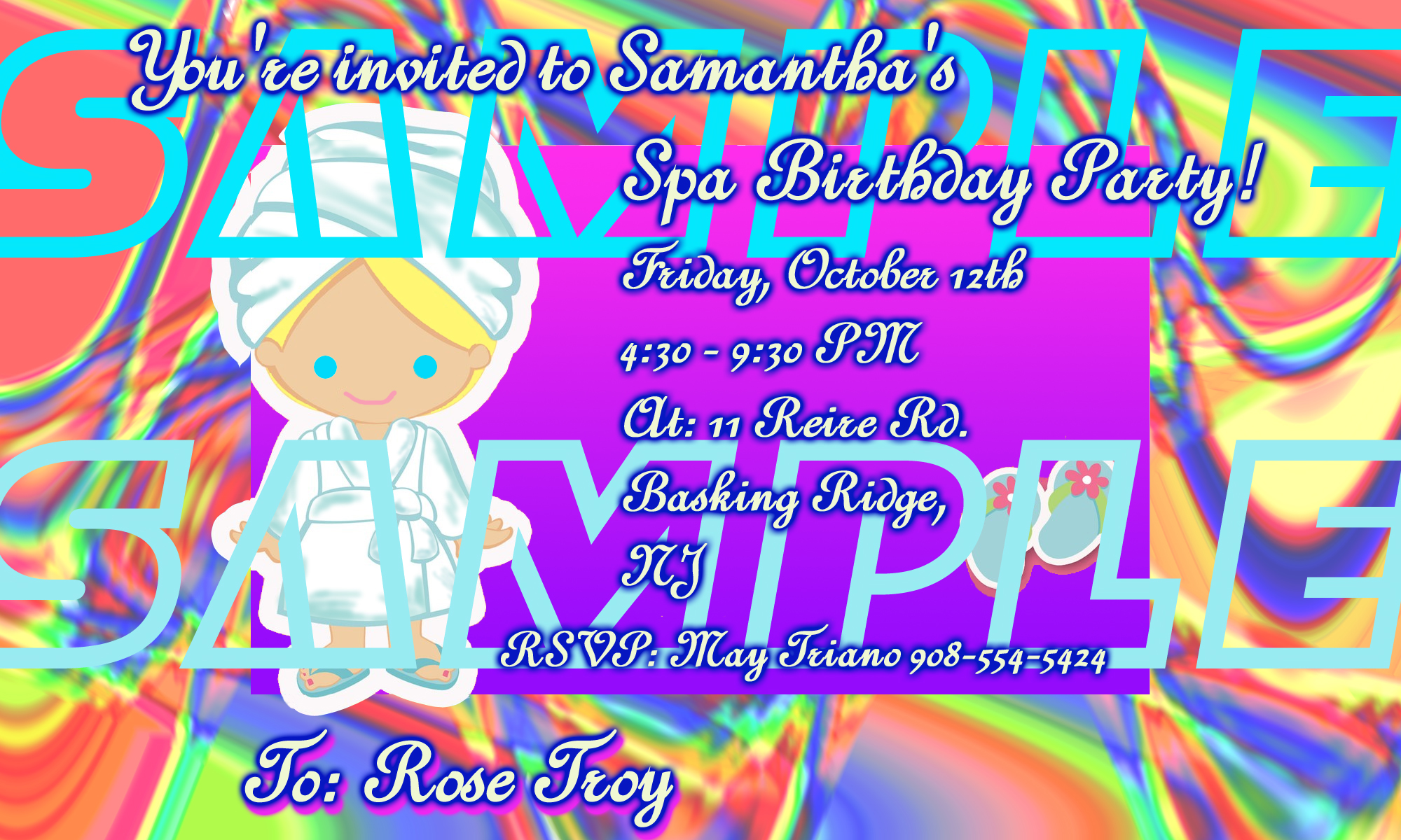 Girls Spa Party Invitation - Cartoonish Blonde Girl In Spa Robe, Purple Background, Rainbow Blend Border