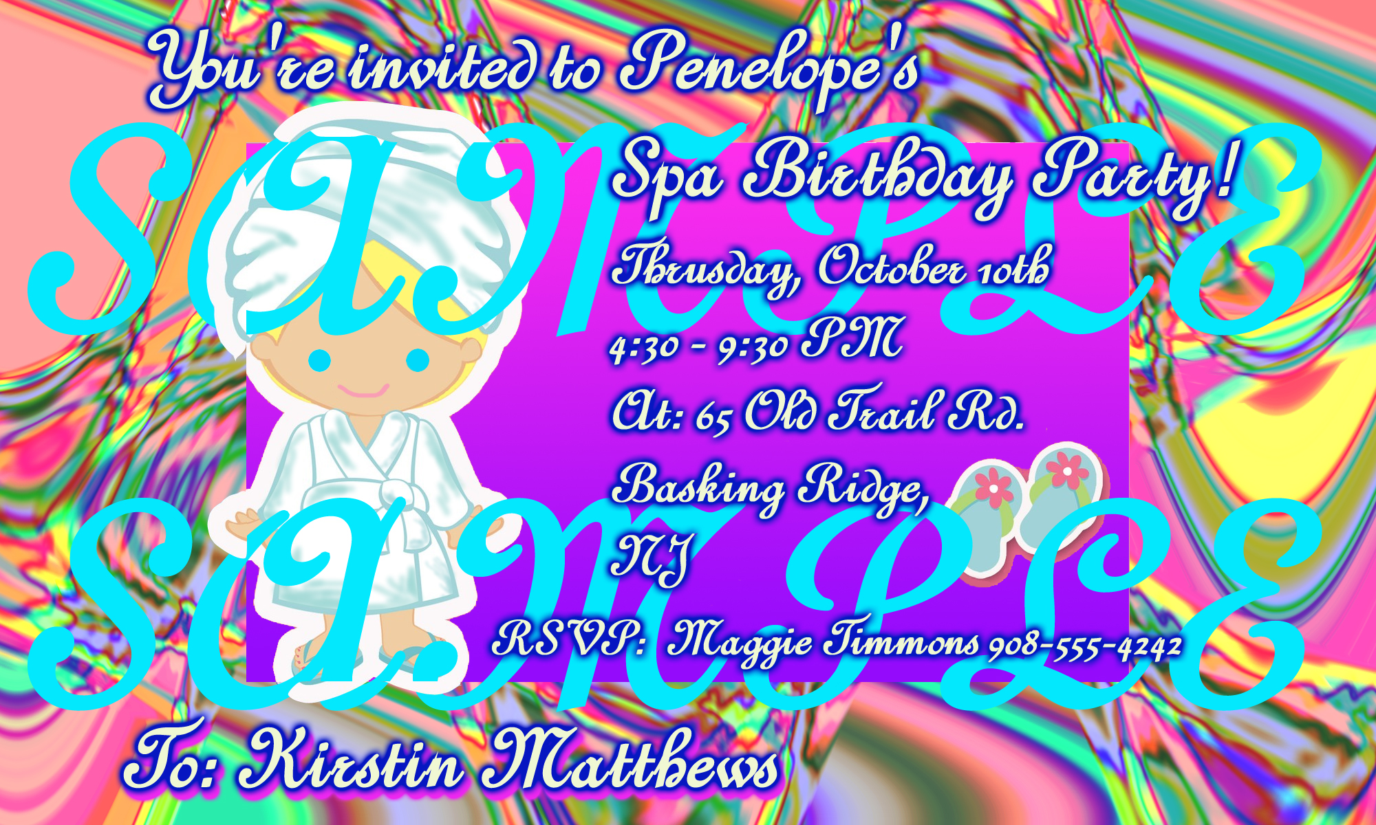 Girls Spa Party Invitation - Cartoonish Blonde Girl In Spa Robe, Purple Background, Murano Glass Swirling Border Girls Spa Party Invitation - Cartoonish Blonde Girl In Spa Robe, Purple Background, Murano Glass Swirling Border
