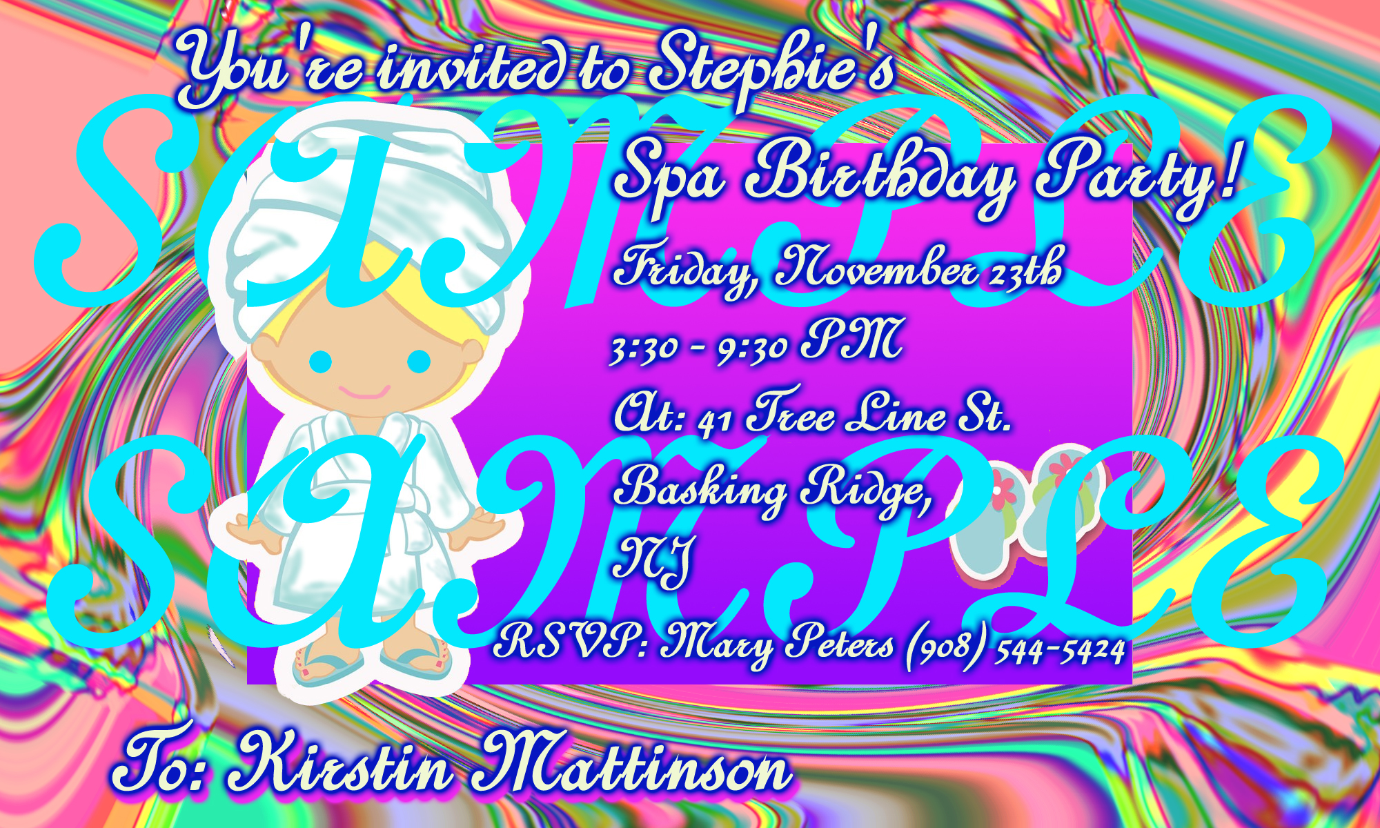 Girls Spa Party Invitation - Cartoonish Blonde Girl In Spa Robe, Purple Background,  Murano Glass Rainbow Swirl Border