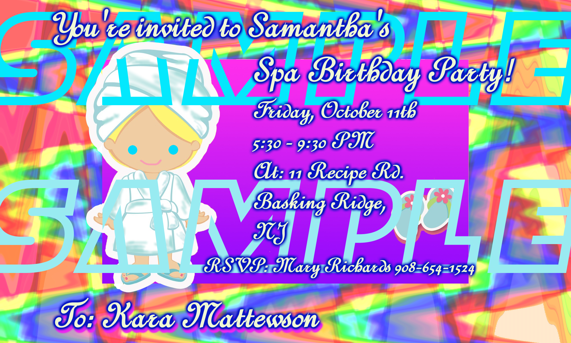 Girls Spa Party Invitation - Cartoonish Blonde Girl In Spa Robe, Purple Background,   Rainbow Waves Border