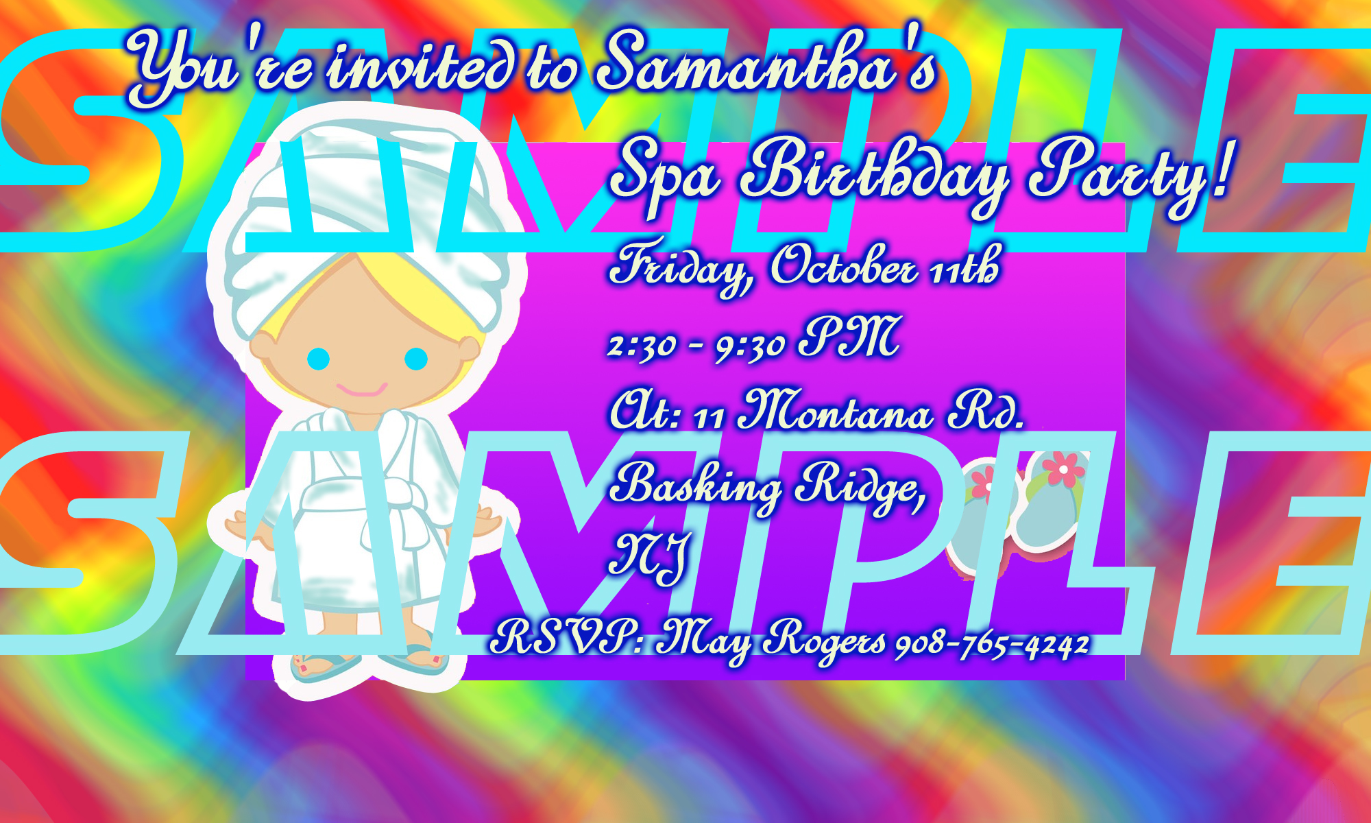 Girls Spa Party Invitation - Cartoonish Blonde Girl In Spa Robe, Purple Background,  ZigZag Rainbow Border