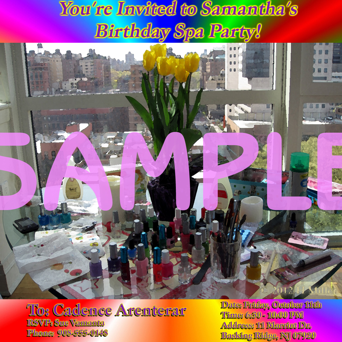 Kids Spa Party Invitation Illustration of Nail Polish Mini-Mani Area With Backdrop of NYC Skyline and Rainbow Border With Serif TypeFace Kids Spa Party Invitation Illustration of Nail Polish Mini-Mani Area With Backdrop of NYC Skyline and Rainbow Border With Serif TypeFace