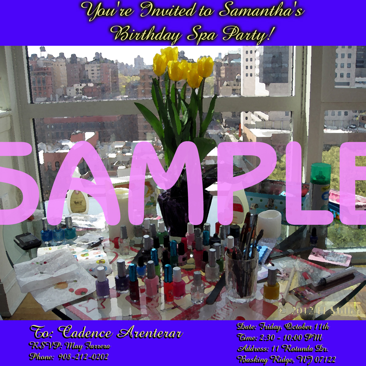 Kids Spa Party Invitation Illustration of Nail Polish Mini-Mani Area With Backdrop of NYC Skyline and Script TypeFace Kids Spa Party Invitation Illustration of Nail Polish Mini-Mani Area With Backdrop of NYC Skyline and Script TypeFace