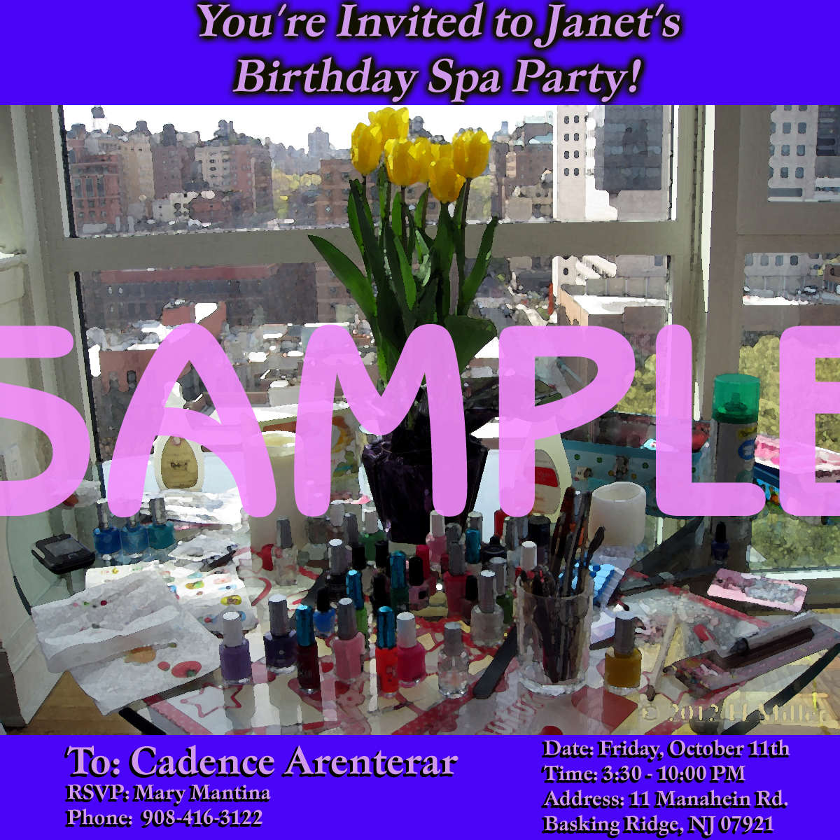 Kids Spa Party Invitation Illustration of Nail Polish Mini-Mani Area With Backdrop of NYC Skyline and Serif TypeFace Kids Spa Party Invitation Illustration of Nail Polish Mini-Mani Area With Backdrop of NYC Skyline and Serif TypeFace
