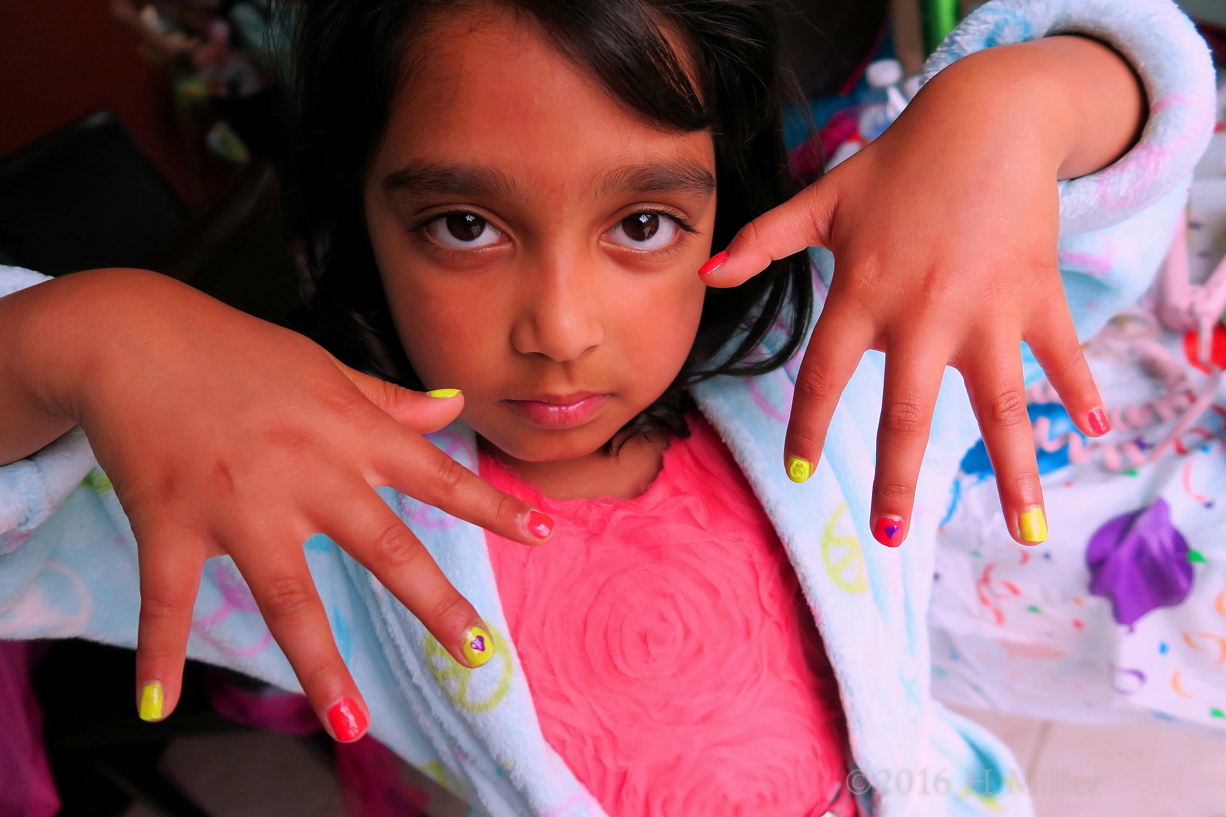 Purple Hearts On Yellow And Pink Backgrounds. Girls Mani. 