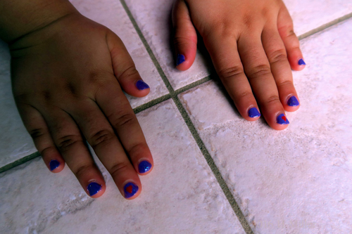 Purple Mani With Iridescent Glitter And Heart Graphic For Kids. Purple Mani With Iridescent Glitter And Heart Graphic For Kids.