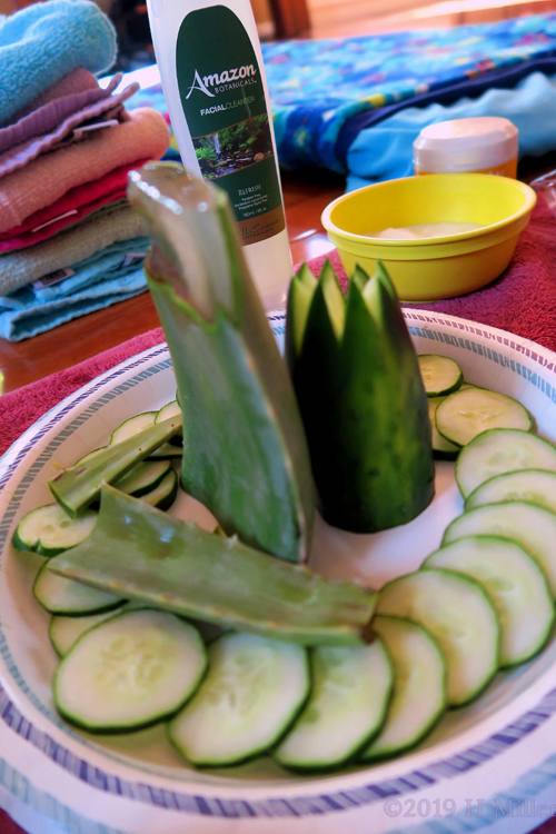 Plate Of Slices Of Cukes And Aloe Vera For Kids Facials! Plate Of Slices Of Cukes And Aloe Vera For Kids Facials!
