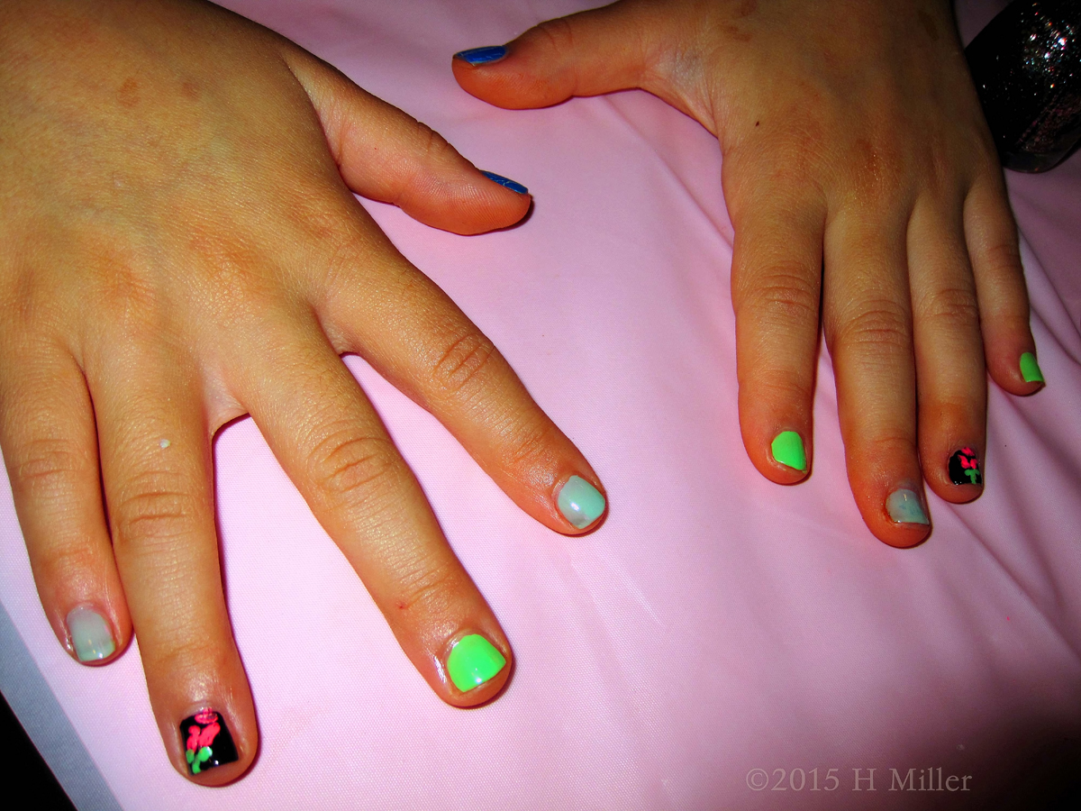 Rose Design And Blue And Green Polish. 