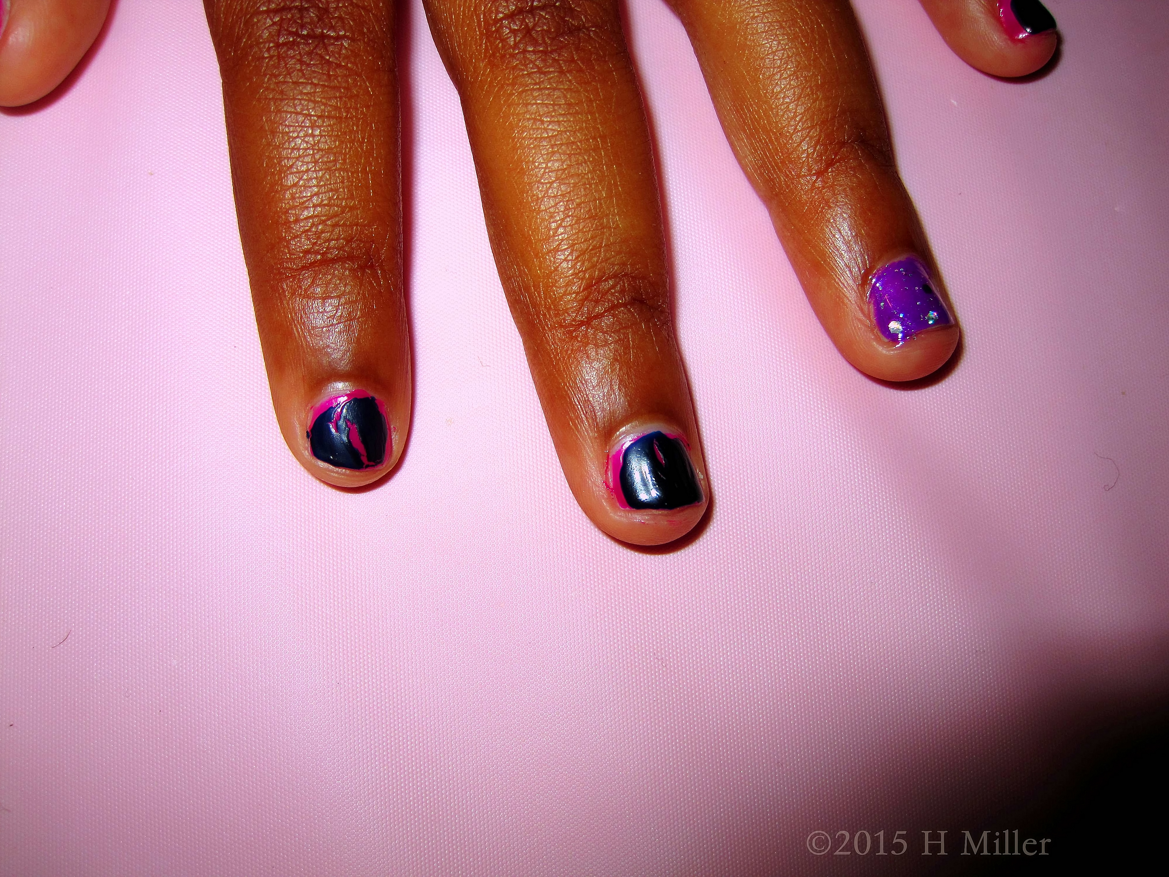 Purple Polish With Silver Glitter And Hot Pink Covered With OPI Black Shatter Kids Nail Art!! Purple Polish With Silver Glitter And Hot Pink Covered With OPI Black Shatter Kids Nail Art!!