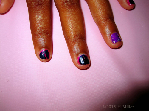 Purple Polish With Silver Glitter And Hot Pink Covered With OPI Black Shatter Kids Nail Art!!