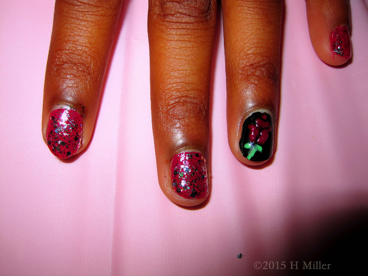 Cool Rose Nail Art On Black Background With Red Polish And Silver Glitter! 