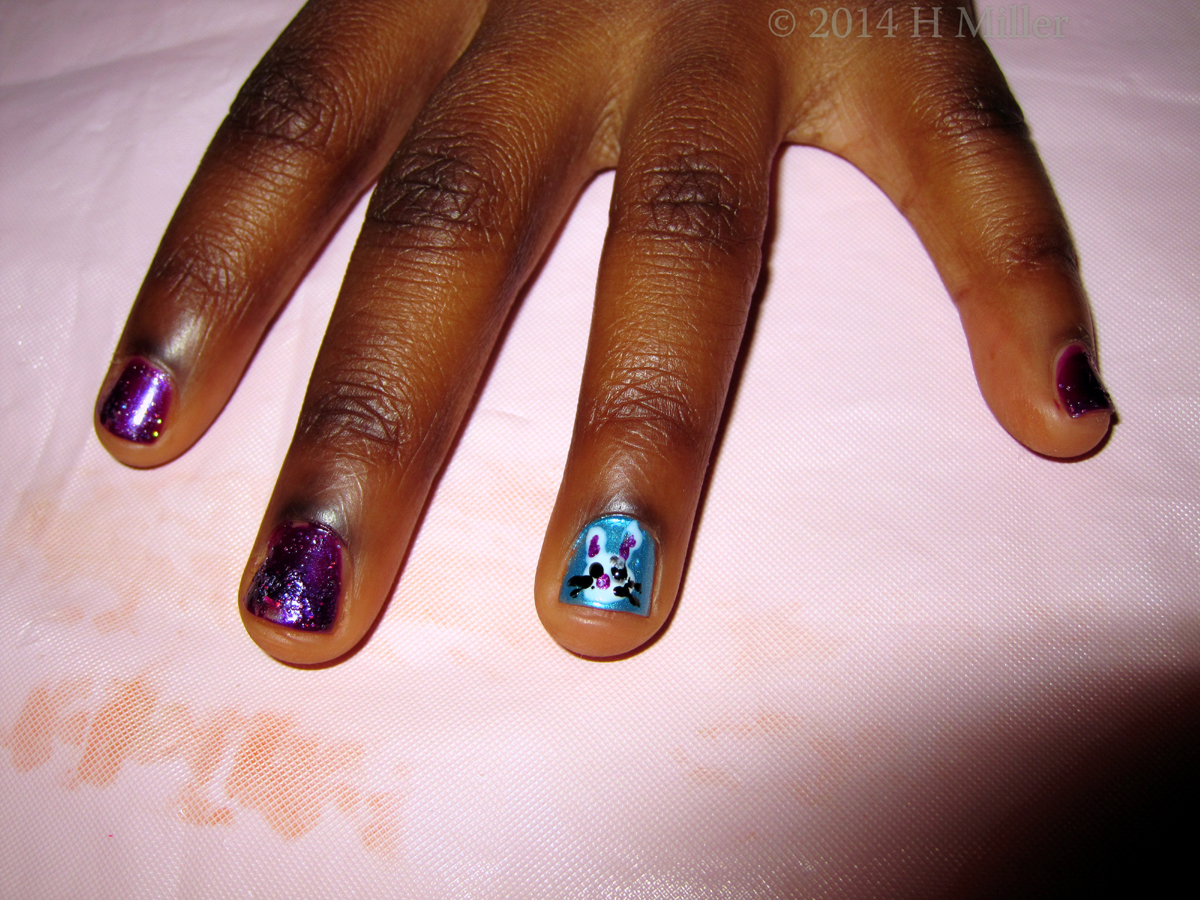 Amazing Kids Nail Art Glitter Purple And Bunny Design On Metallic Blue 