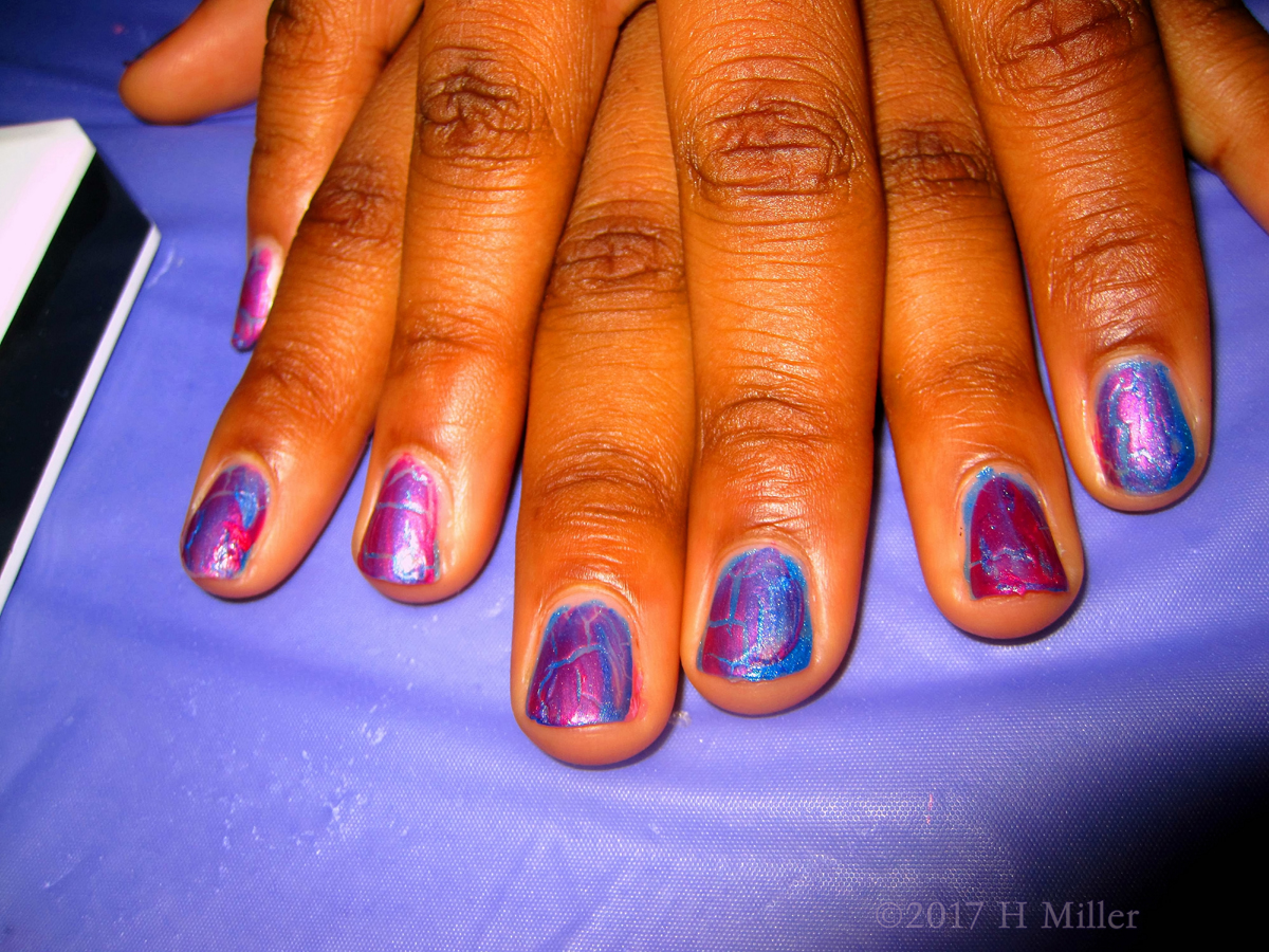 Blue Kids Manicure With Hot Pink Shatter Polish. 