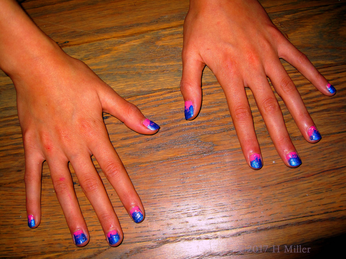 Super Cool Pink And Blue Ombre Girls Manicure.