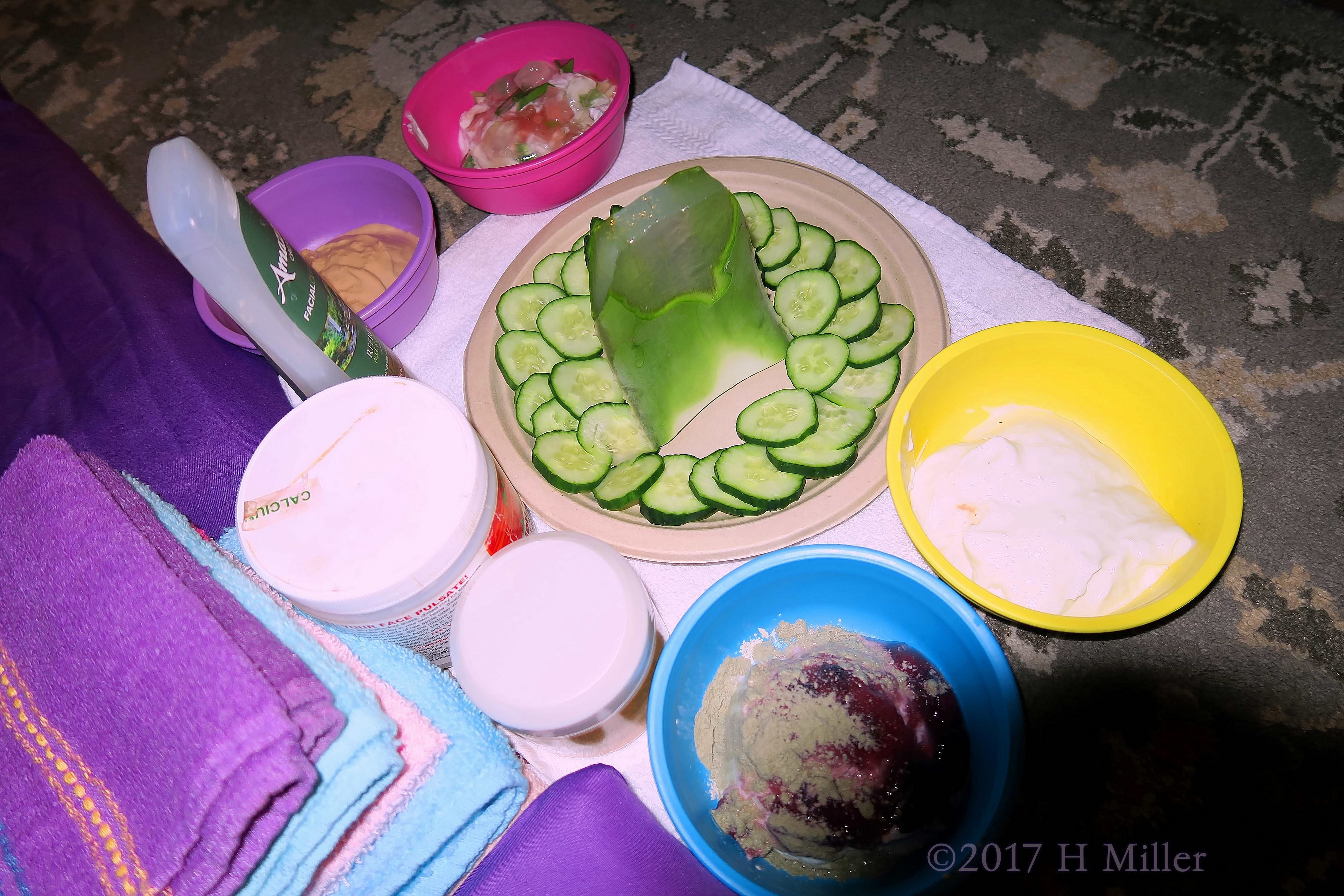 Kids Facials Area Set Up With Cukes, Aloe, And Masques For The Girls! 