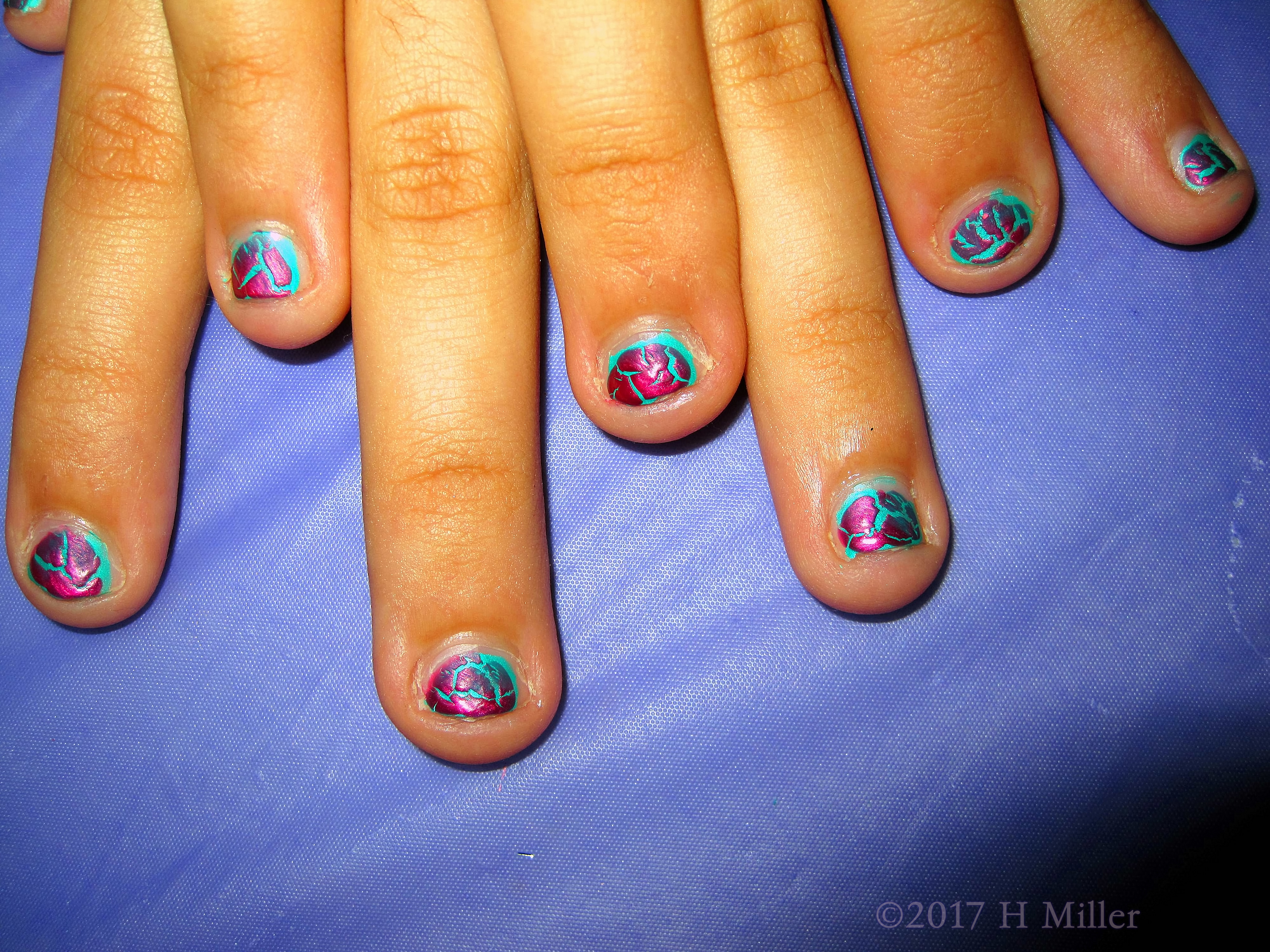 Light Blue With Hot Pink Shatter On This Girls Mini Manicure. Light Blue With Hot Pink Shatter On This Girls Mini Manicure.