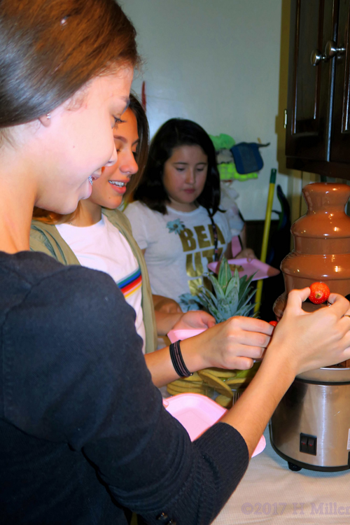 All The Girls Dip Some Fruit In The Chocolate Fountain!