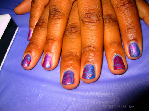 Blue Kids Manicure With Hot Pink Shatter Polish. Blue Kids Manicure With Hot Pink Shatter Polish.