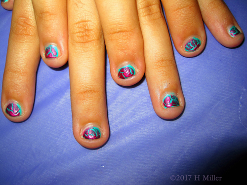 Light Blue With Hot Pink Shatter On This Girls Mini Manicure. Light Blue With Hot Pink Shatter On This Girls Mini Manicure.