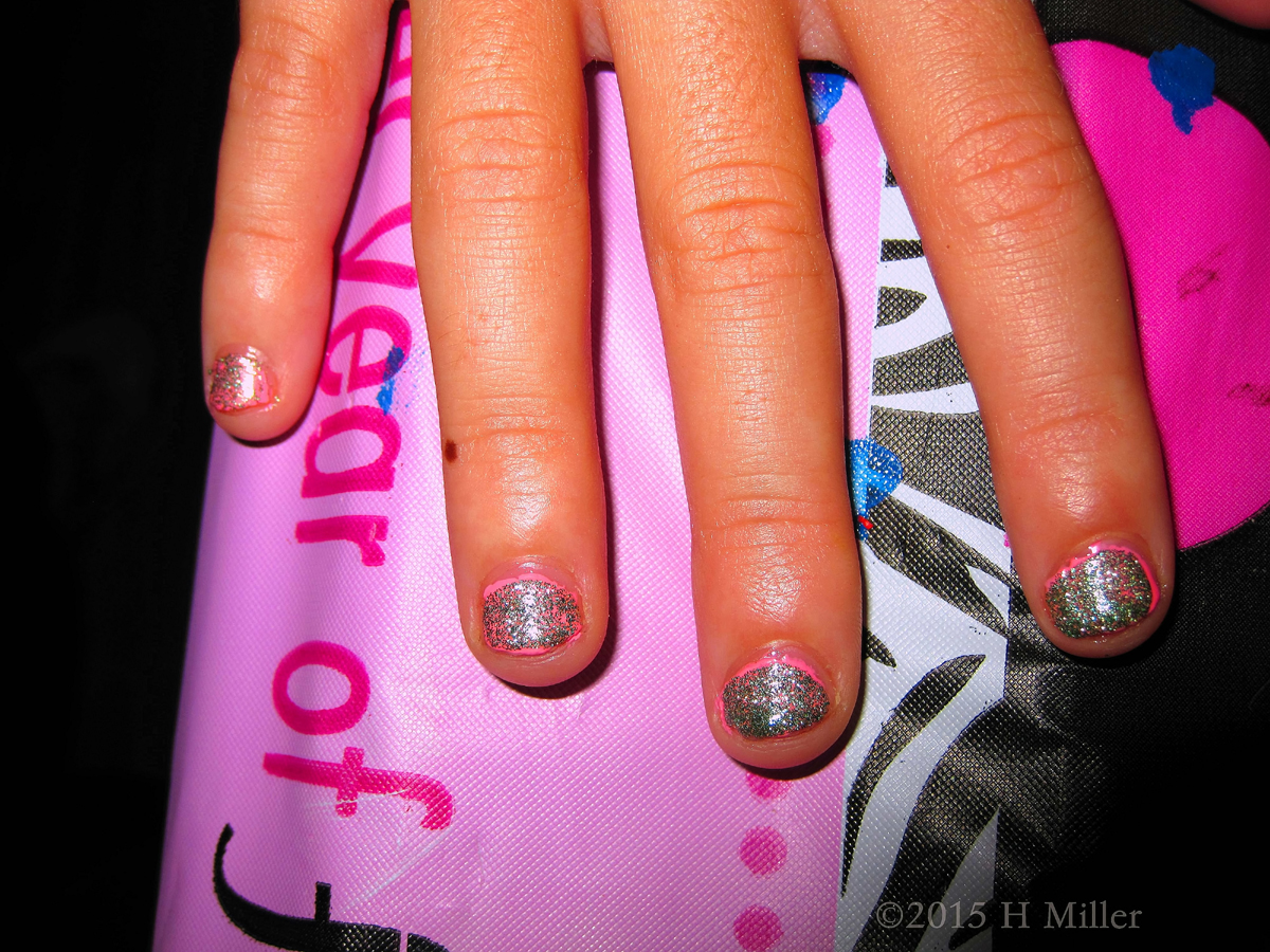 Kids Nail Art! Bubble Gum Pink Overlaid With A Ton Of Silver Glitter! 