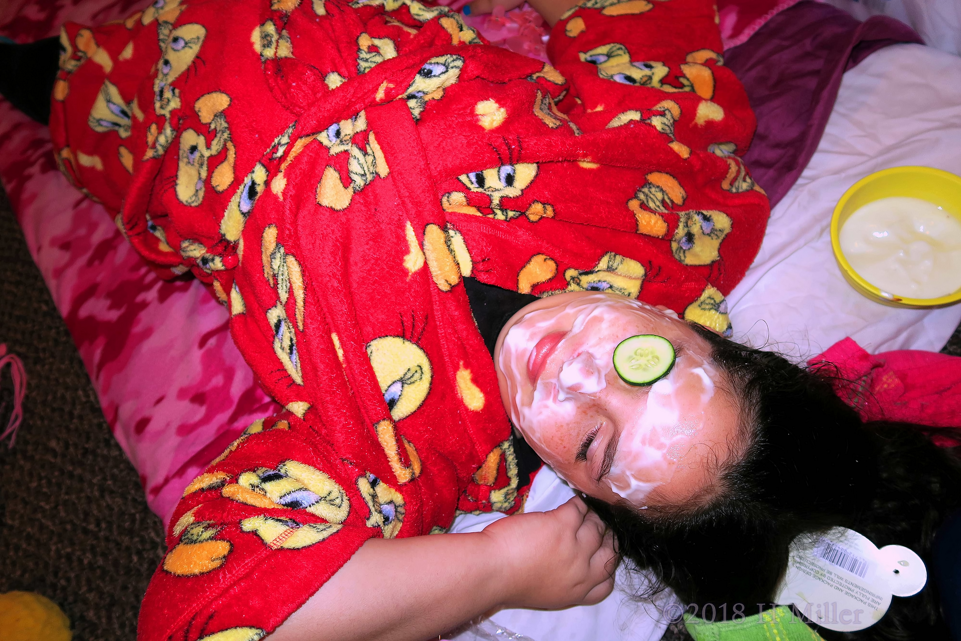 With Cuke Just Over An Eye And Kids Facial Masque, She Enjoys The Spa Activity! With Cuke Just Over An Eye And Kids Facial Masque, She Enjoys The Spa Activity!