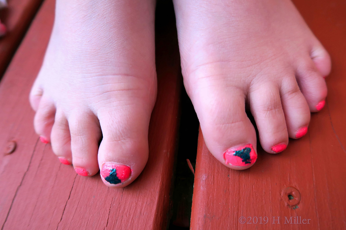 Bright Pink Nail Polish Base With Accent Nail Design For This Girls Pedicure.