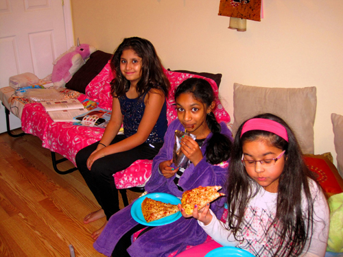 Eating Pizza With Friends On The Spa Couch Eating Pizza With Friends On The Spa Couch