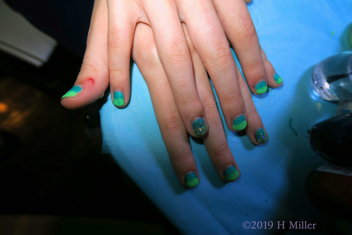 Blue And Green Ombre With Glitter Accent Nail Polish Prettiness On Kids Mani! 