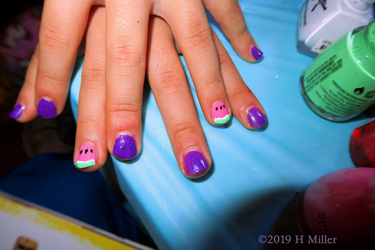 Watermelon Nail Design And Purple Polish For This Party Guest's Kids Mani! 
