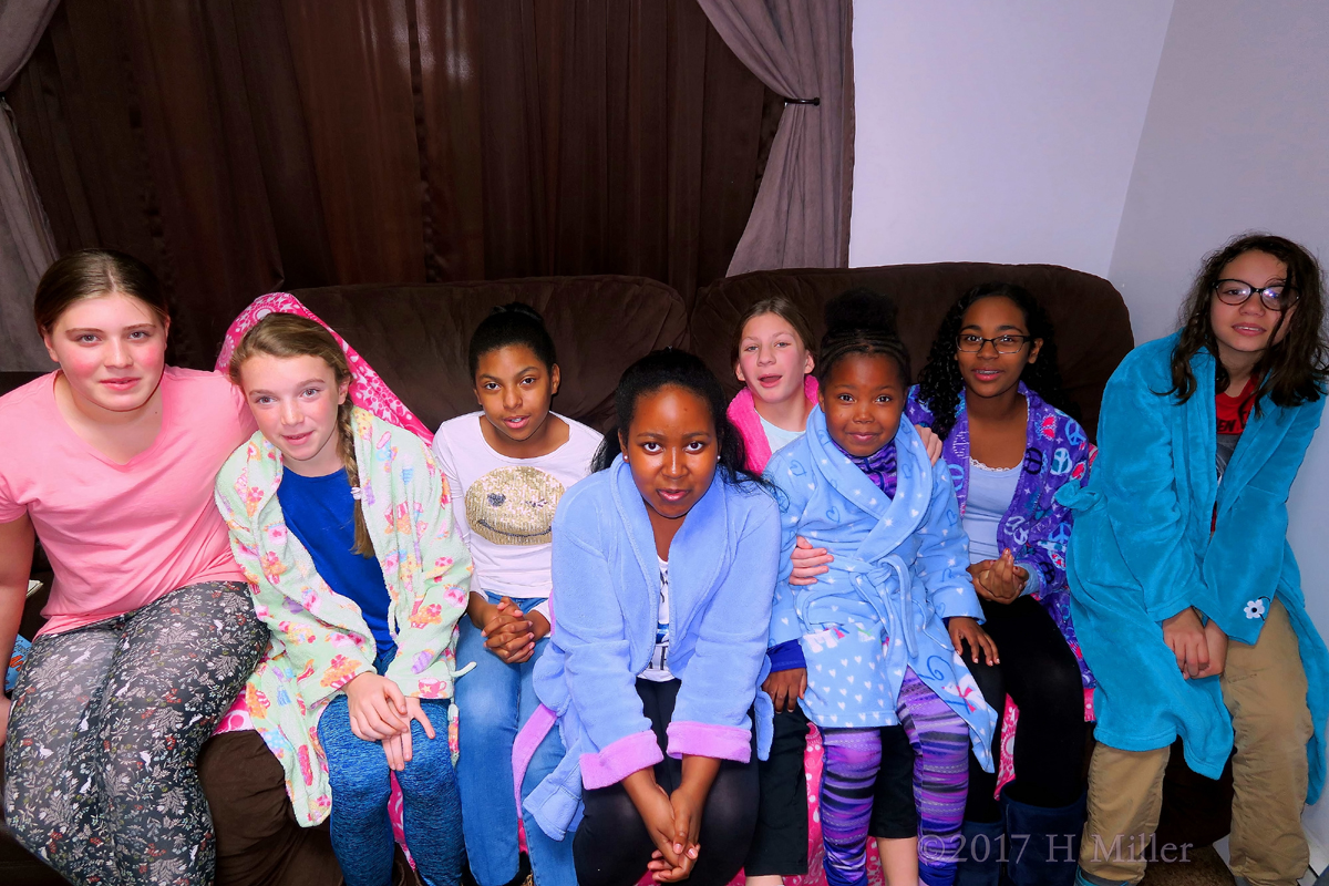 Girls Spa Party Group Picture Wearing Their Spa Robes 