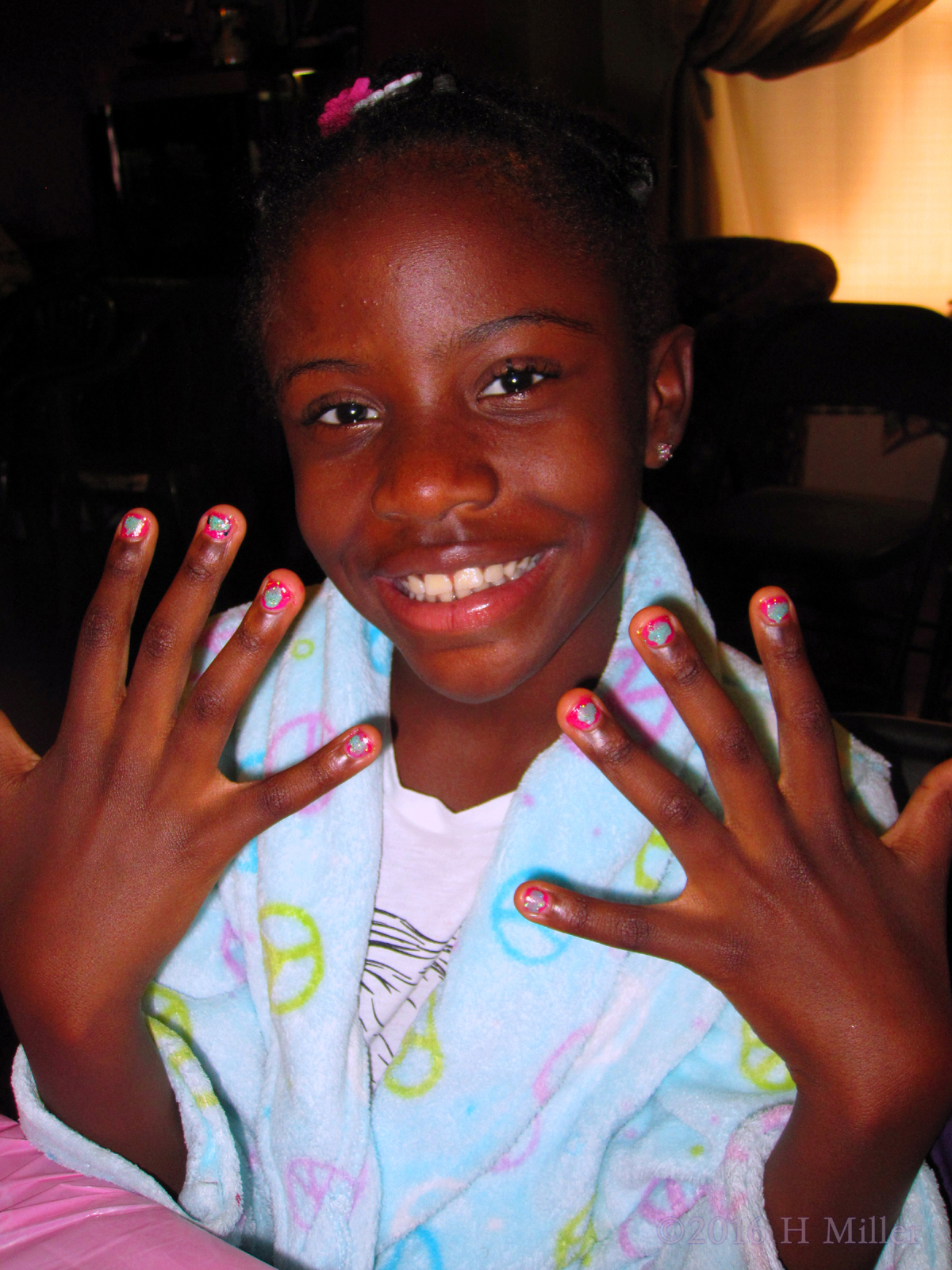 Teal And Neon Kids Mani On This Guest Wearing Her Peace Sign Spa Robe 