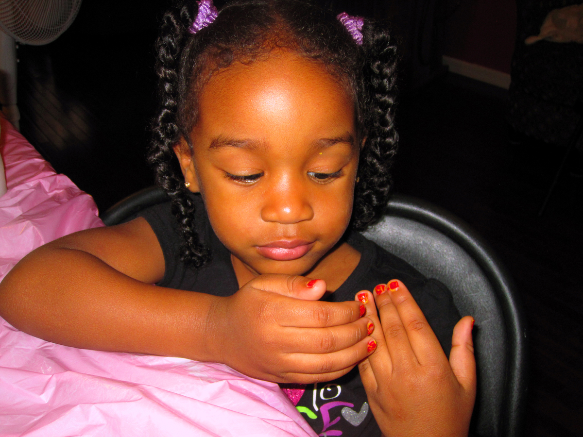 Examining The Red Sparkly Kids Mani At Spa Party