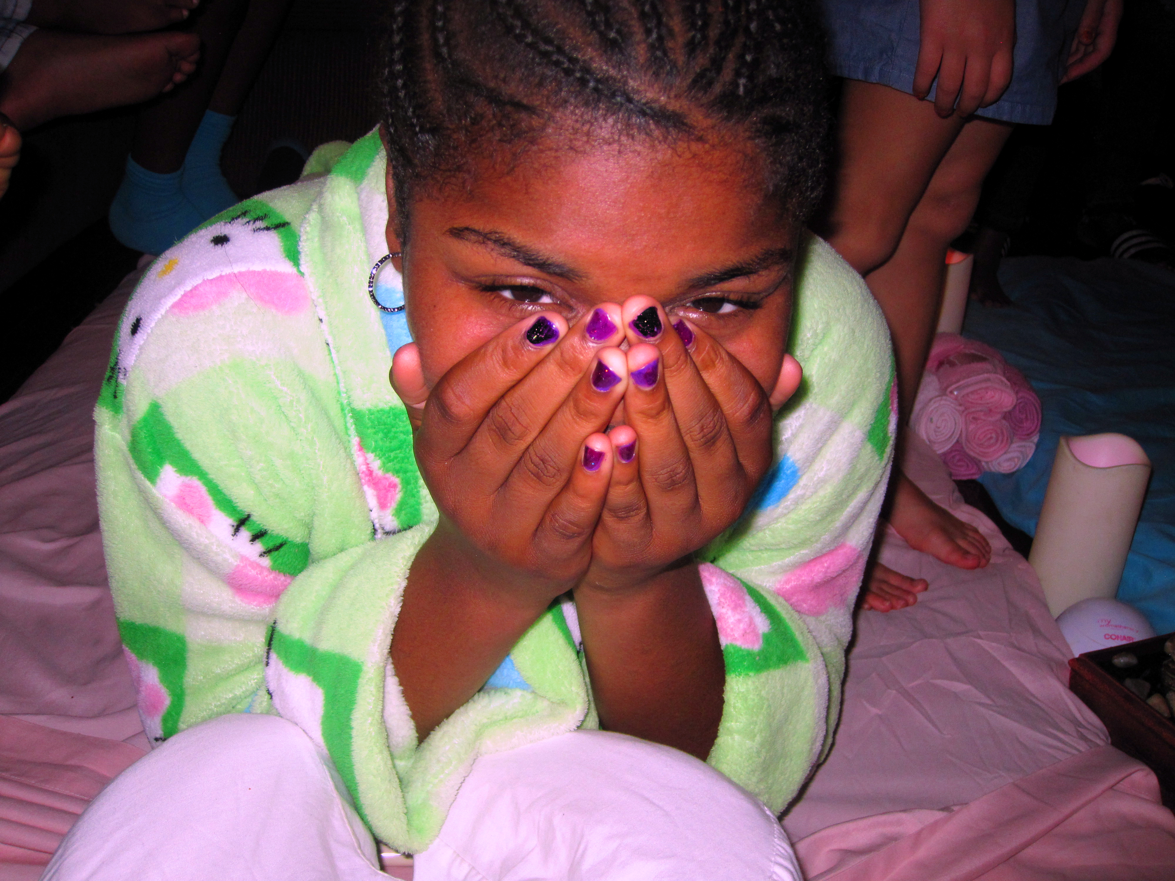 Purple Manicured Spa Girl Hiding Her Face During Massage For Kids Purple Manicured Spa Girl Hiding Her Face During Massage For Kids