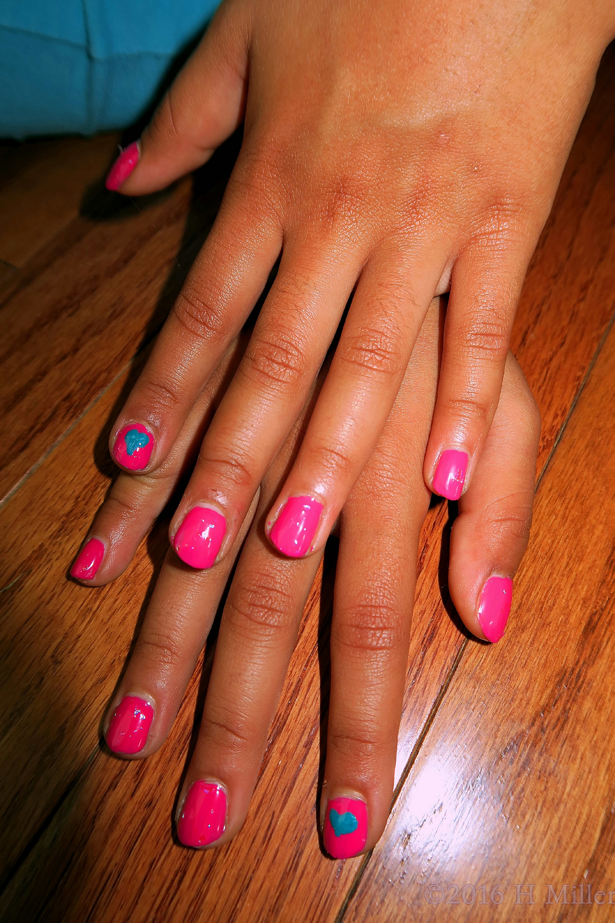 Lovely Pink Kids Mani With Blue Hearts 