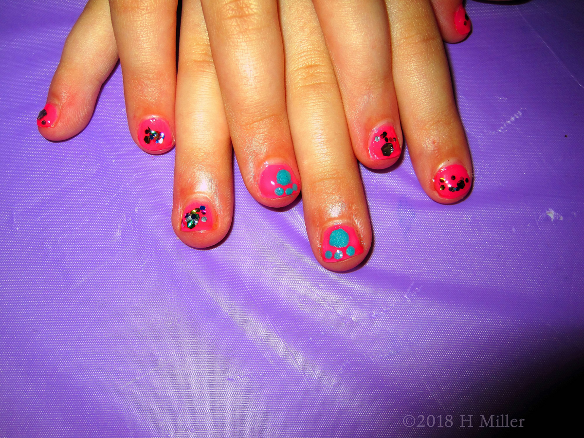 Adorable Dog Paws Nail Designs On A Pink Background, With Lots Of Glitter! 