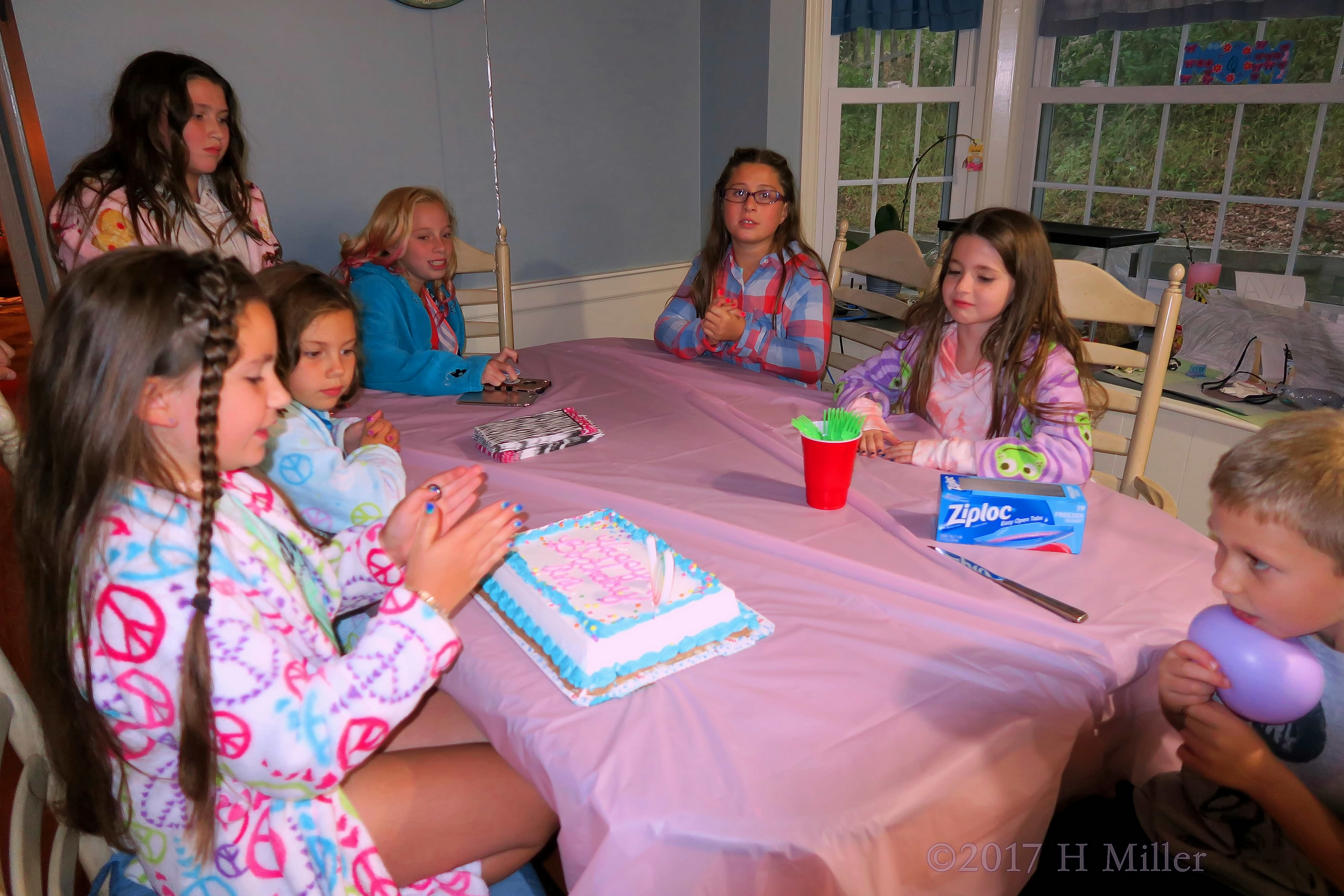 The Girls Are Gathered Around The Birthday Cake Table 