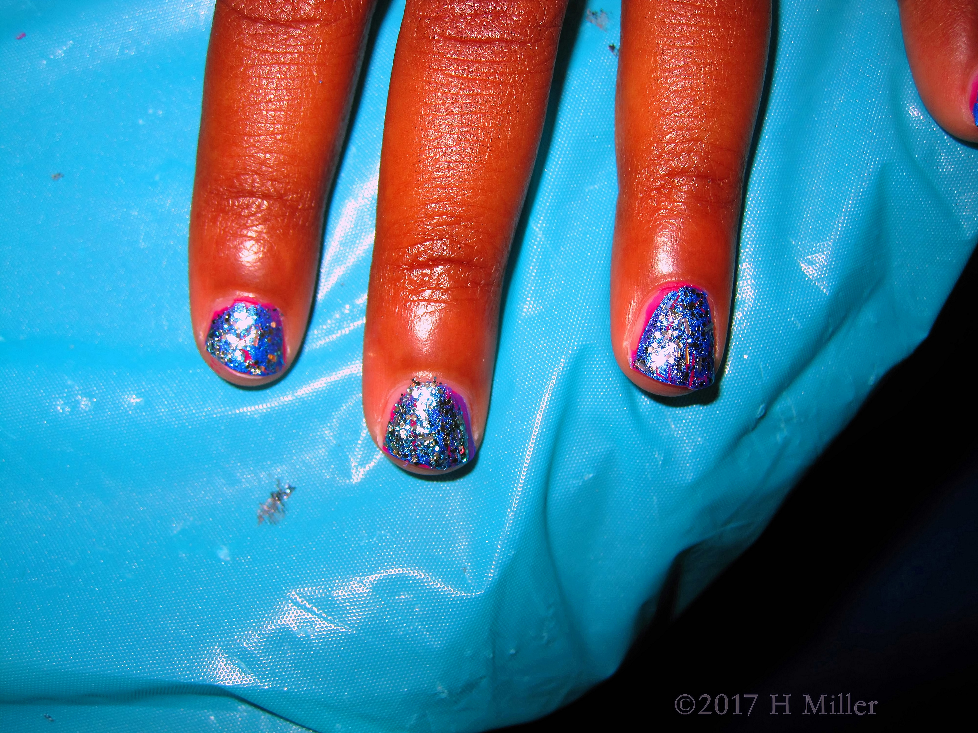 A Super Awesome Rainbow Sparkling Over Blue Ombre And Pink Mini Mani! 