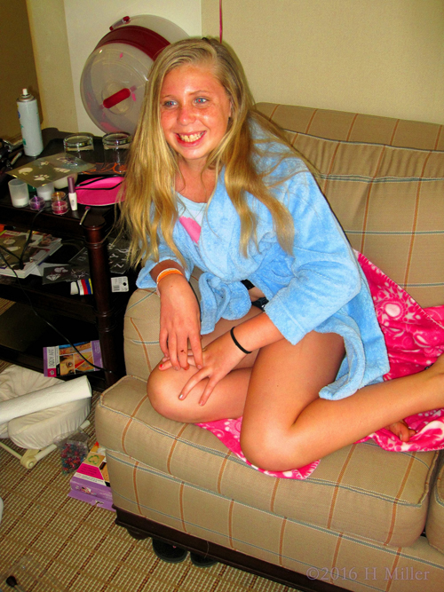 Sitting On The Couch During The Kids Spa Party. Sitting On The Couch During The Kids Spa Party.