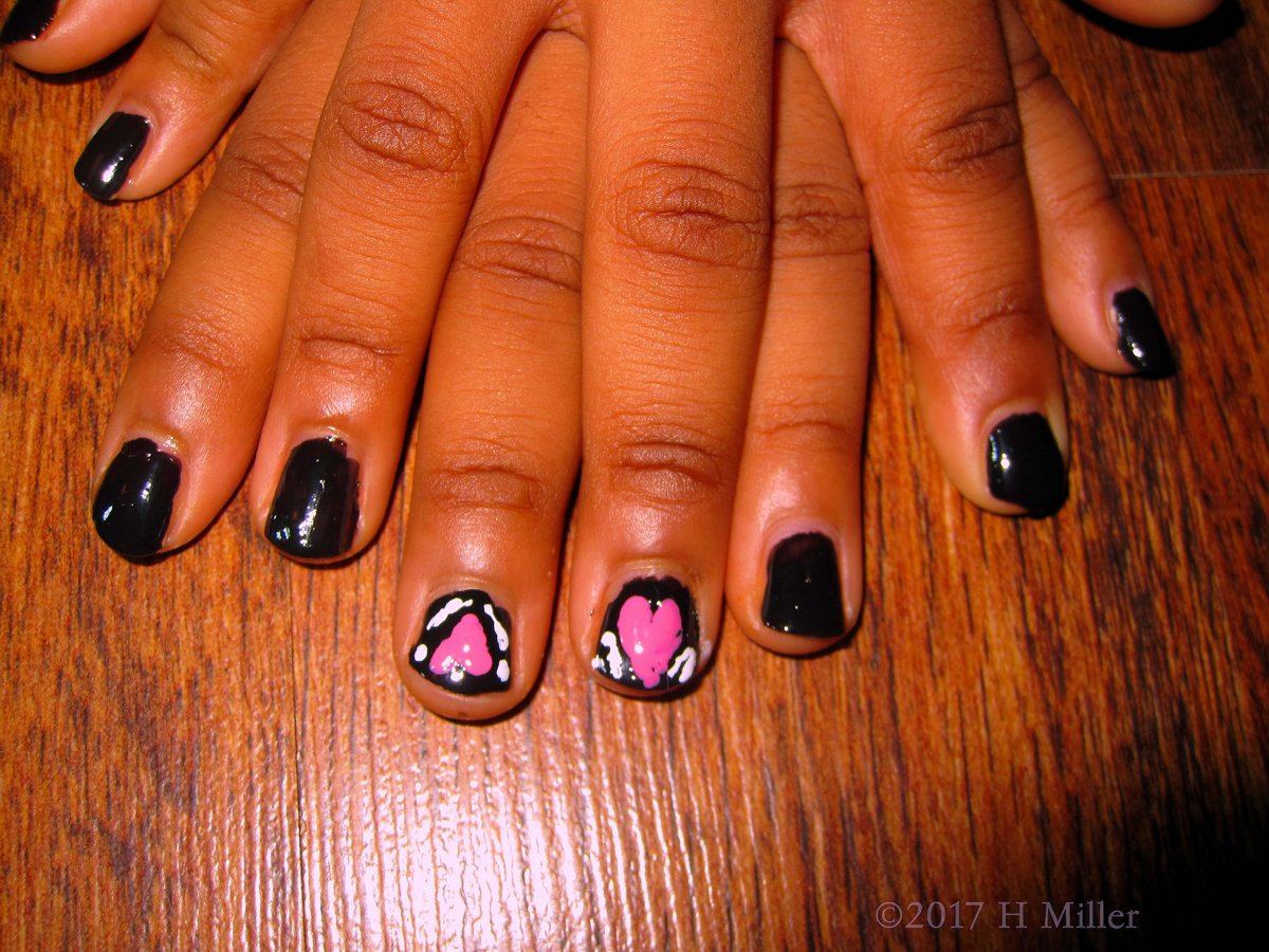 Glistening Black With Cute Pink Heart Nail Design Looks Awesome! 