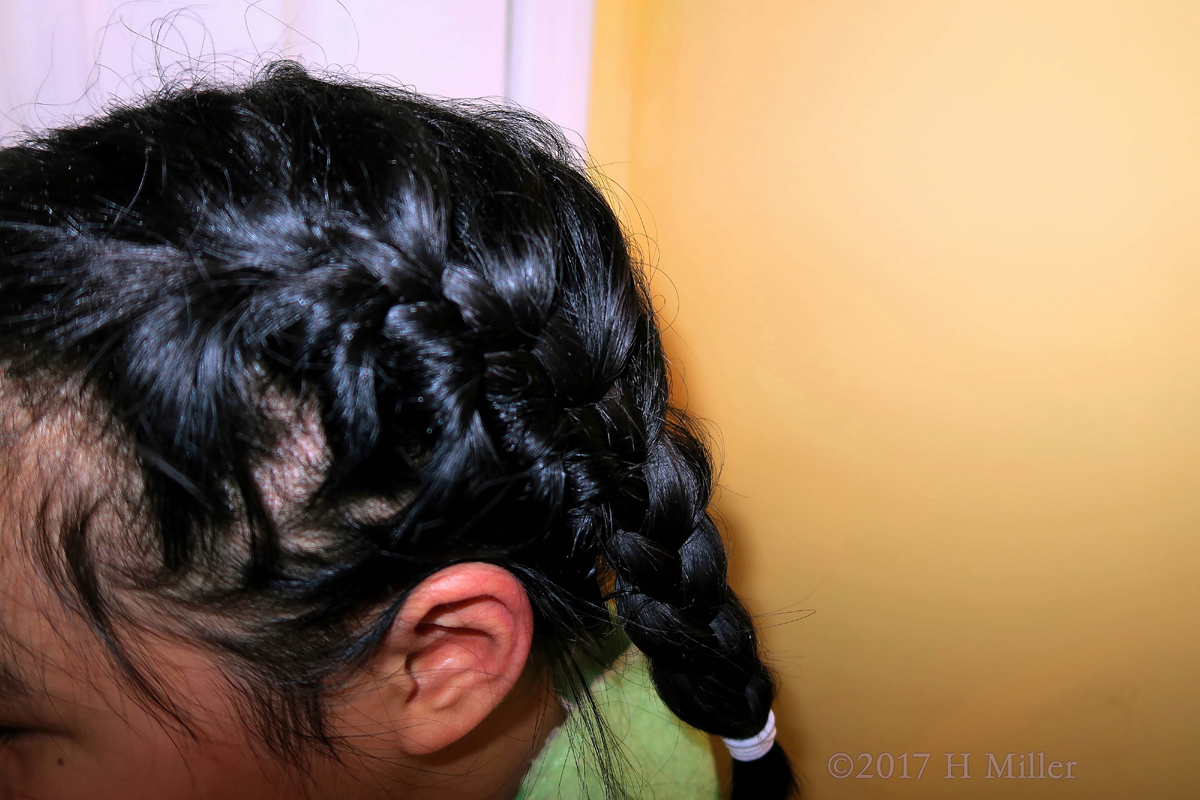Close Up Of The Dutch Braid Kids Hairstyle. 