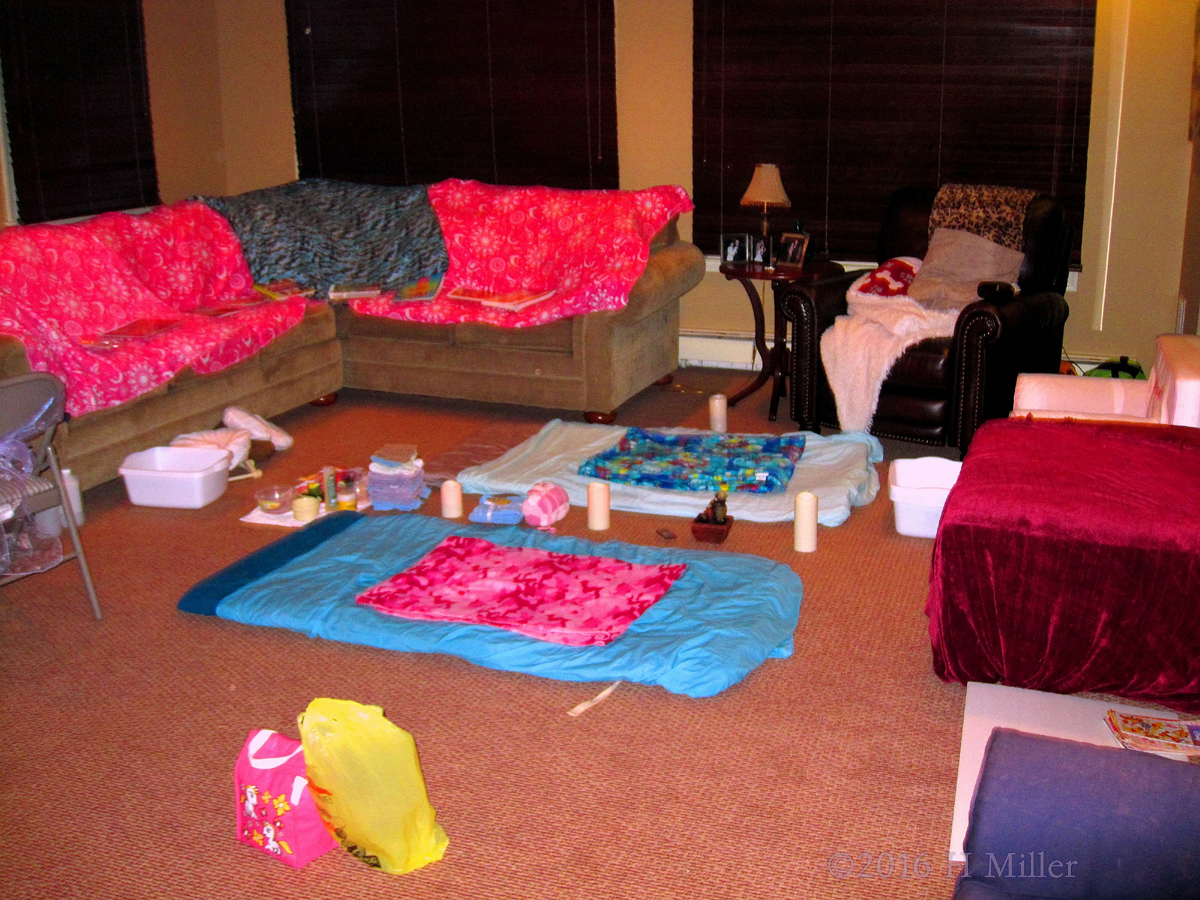 Long View Of The Kids Facial Area And Spa Couch With Decorative Throws!