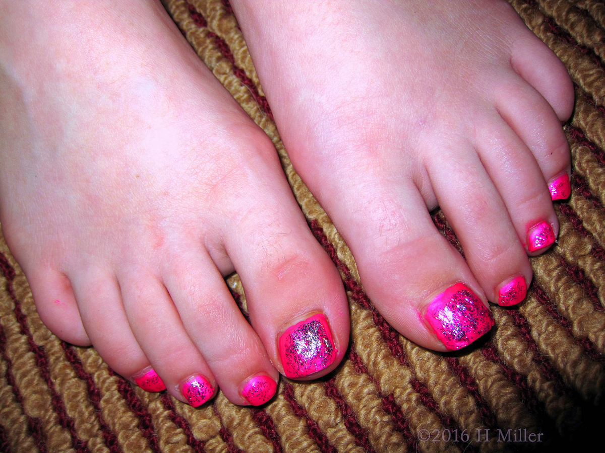 Shimmery Silver Over Pink Looks Amazing On This Girls Pedicure! 