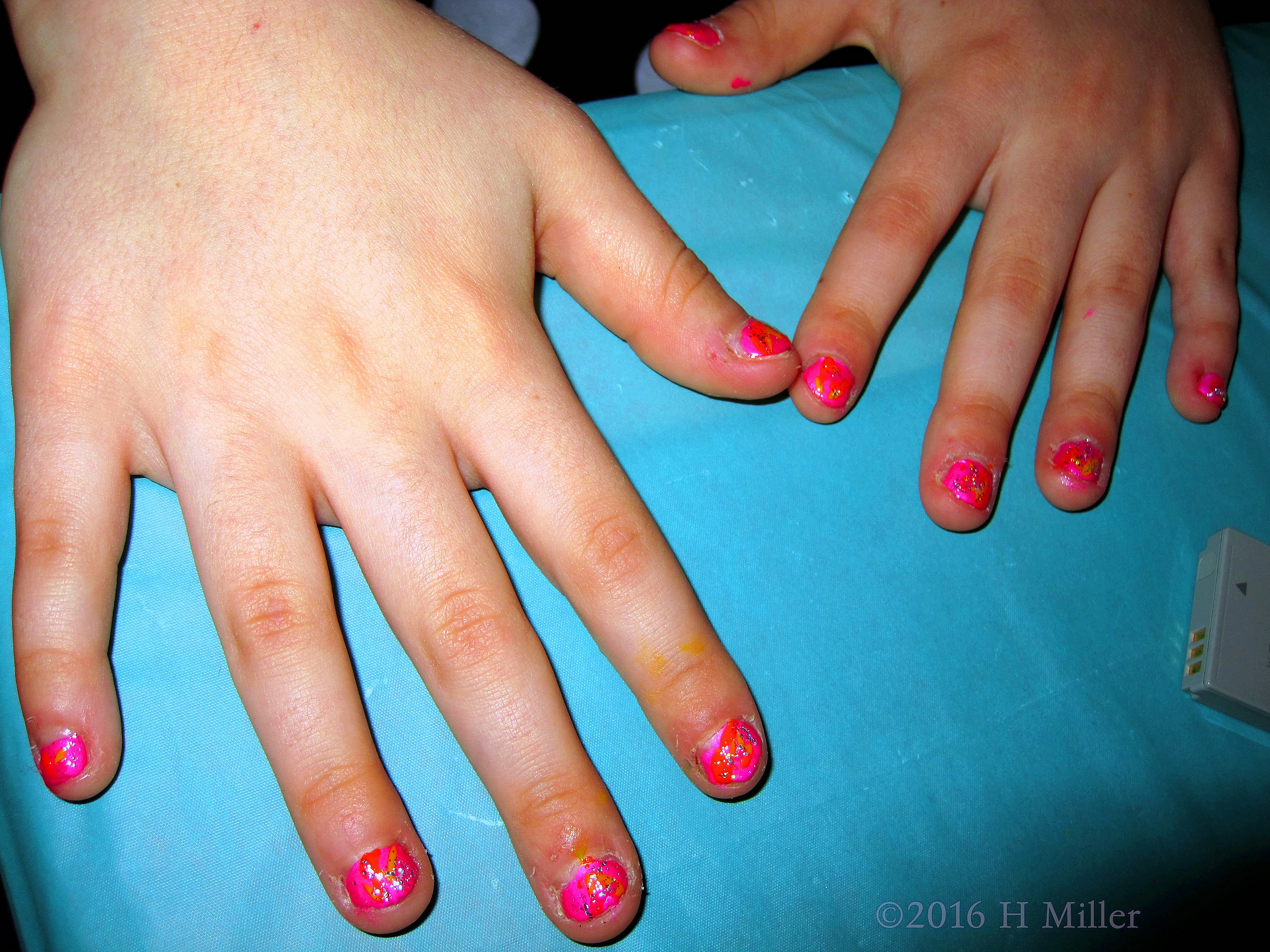 Golden Glitter On Pink Nail Polish, Cute Girls Manicure! 
